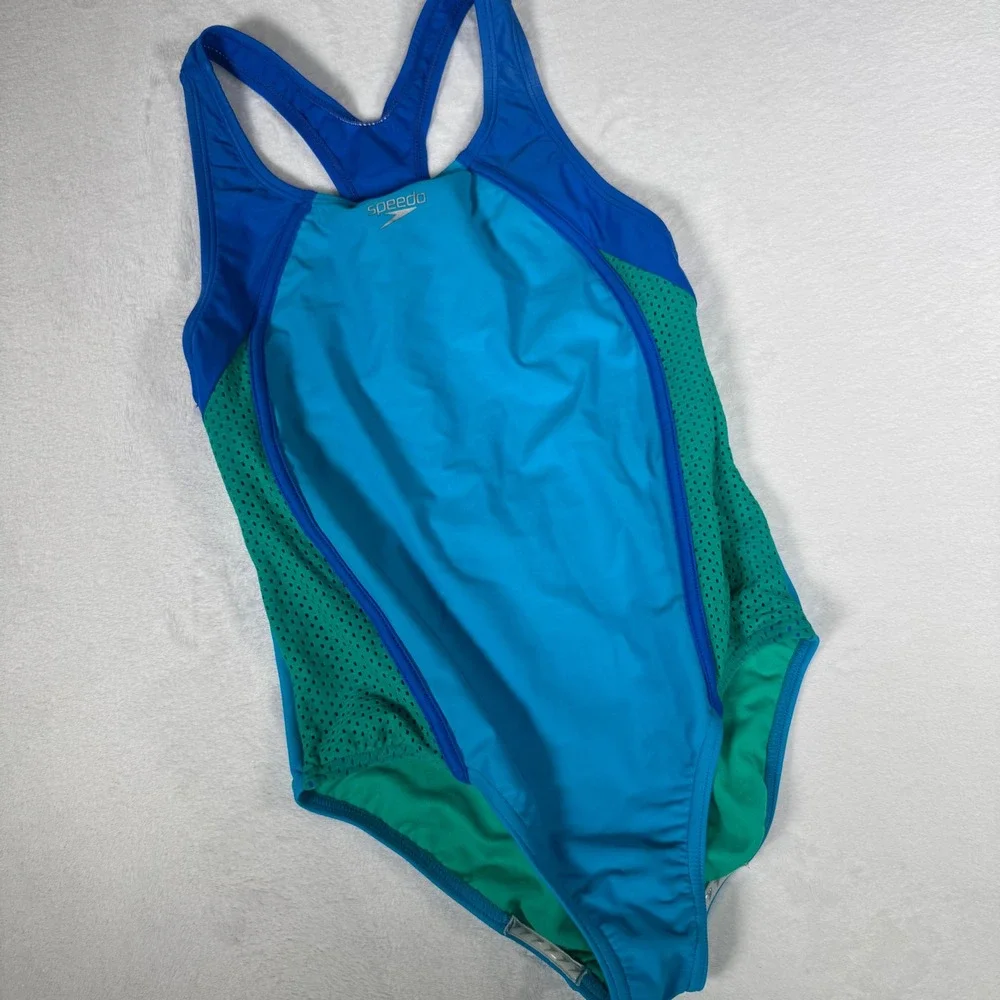 Speedo Girls Swimsuit Size 14 Blue Green Athletic‎ One Piece Training Racerback